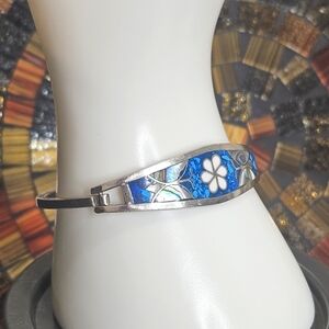 Vintage Mexico Sterling Silver Mother Of Pearl Abalone Blue Stone Inlay Bracelet